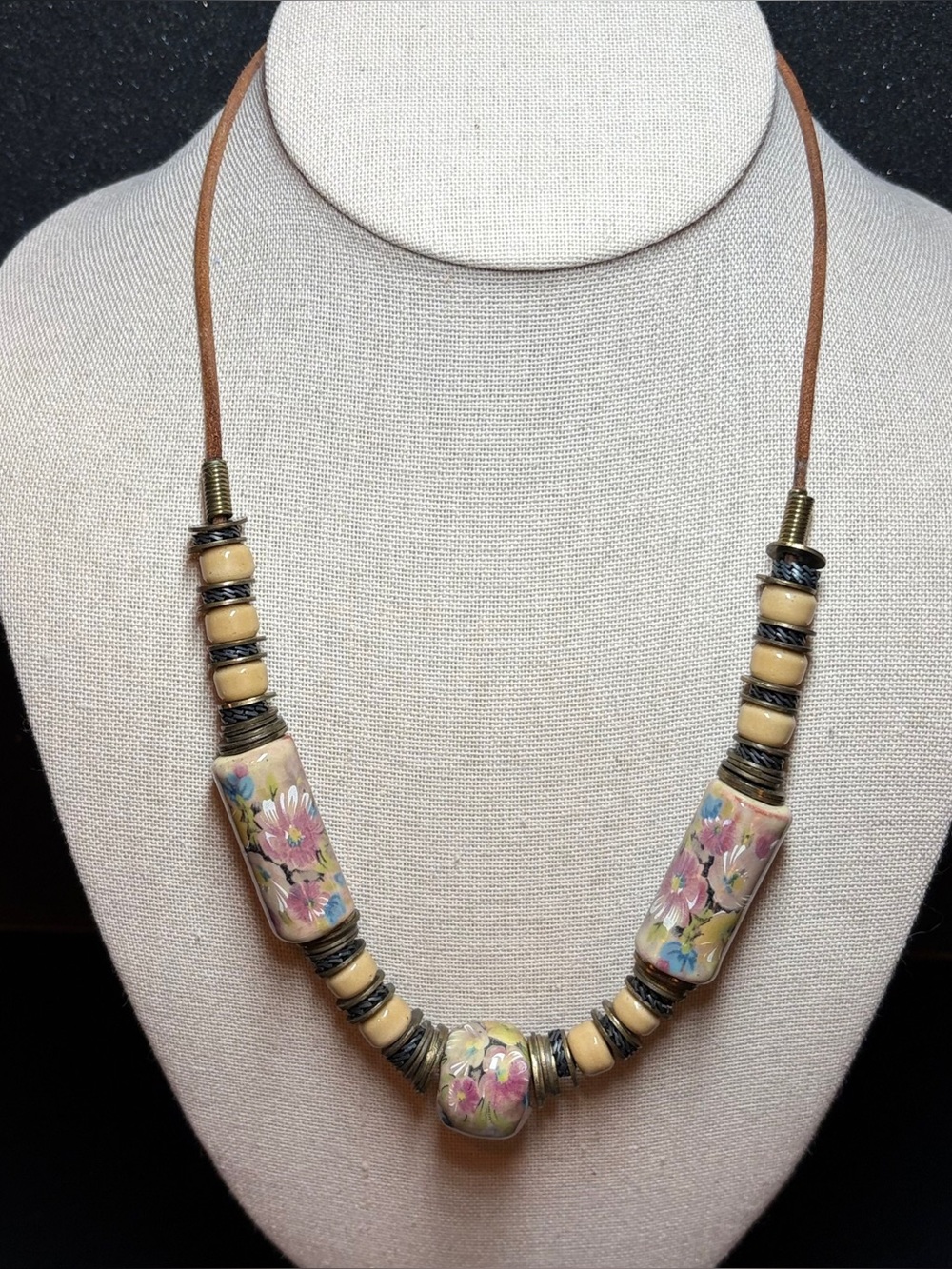 Hand Painted Floral Ceramic Bead Statement Necklace